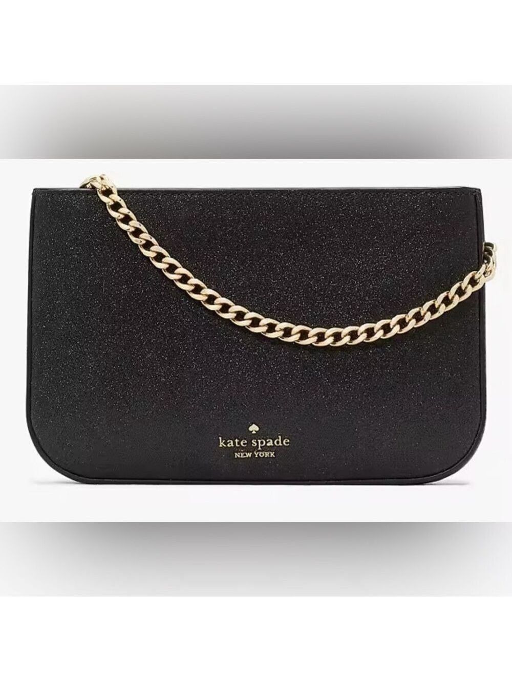 Kate Spade Black Glimmer Pochette With Gold Chain New
